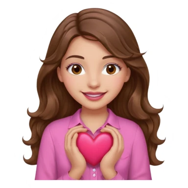 girl with long wavy brown hair, brown eyes, light to medium complexion, in a pink shirt, pink lips, long lashes, smiling, hugging a heart sticker