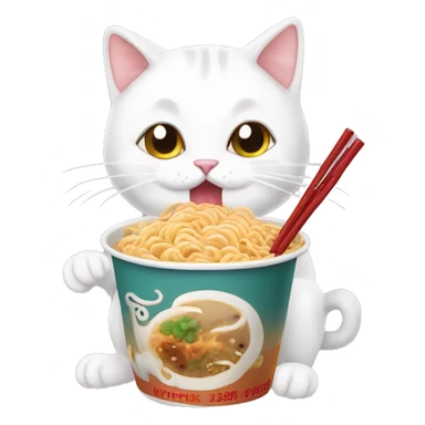 White cat eating ramen noodles and bubble tea sticker