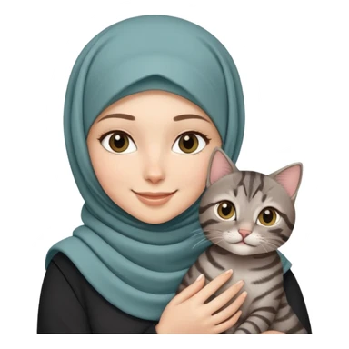 White girl wearing hijab smiling while holding a black grey tabby cat sticker