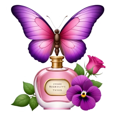 "With vibrant Tyrian Purple and Jasper Red wings, a butterfly flutters near an elegant Rosewater Pink perfume bottle. Misty Rose pansies surround the setting, adding a touch of gentle floral beauty." sticker