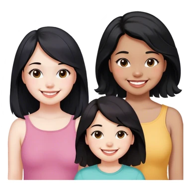 A girl with white skin color who is a chubby fat, has a great smile, straight but a little wavy shoulder length black hair and another slim and skinny girl with dark brown skin, cute smile, wavy shoulder length black hair and another girl little fair brown and white skin colour mix girl, shoulder length straight black hair, slim but a little chubby, gummy smile and glasses. sticker