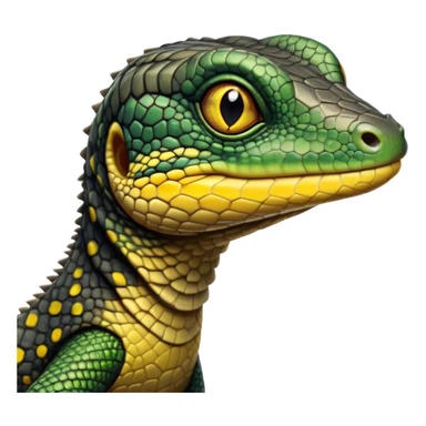 cinematic-realistic-cute-monitor-lizard-portrait-emoji,-head-tilted-playfully-and-inquisitively,-featuring-a-compact,-agile-body-with-finely-detailed,-glossy-scales-in-earthy-black and yellow-hues-and-a-distinct,-alert-face-with-bright,-curious-eyes, black , yellow spotted and green band  scales sticker