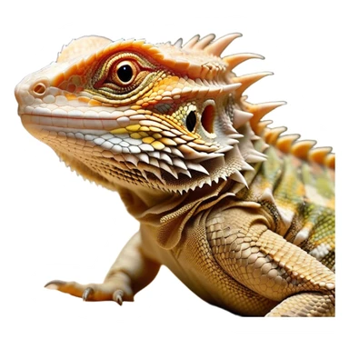 Cinematic Noble Bearded Dragon Portrait Emoji, Poised and regal, with a robust, angular build and a textured, scaled hide in earthy olive and sandy tones, a prominent spiky 'beard' beneath its chin and a keen, alert gaze, Simplified yet sharp and sophisticated features, highly detailed, glowing with a soft, dignified glow, high shine, intelligent and fierce, stylized with an air of desert majesty, focused and attentive, soft glowing outline, capturing the essence of a watchful and commanding reptile, so majestic it feels as though it could scuttle out of the screen with effortless authority! sticker
