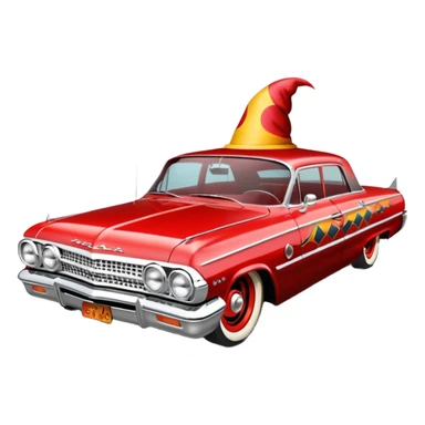 Satan’s streamlined Hot rod custom 1964 impala low rider four door clown painted hood  side-mounted under-door chrome exhaust pipes driving straight to hell  sticker