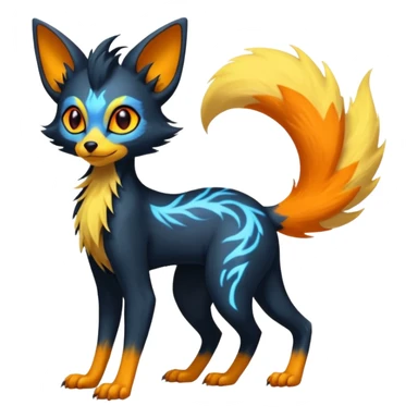 Lykoi-Fennekin-Electrike-Luxray-fusion-hybrid-animal-Fakémon-creature, full body, thin long sleek scaly tail, intricate markings sticker