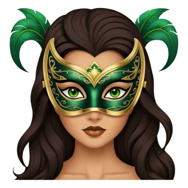 Greeneyed Woman hair with Long Dark brown hair wearing Black venetian mask sticker