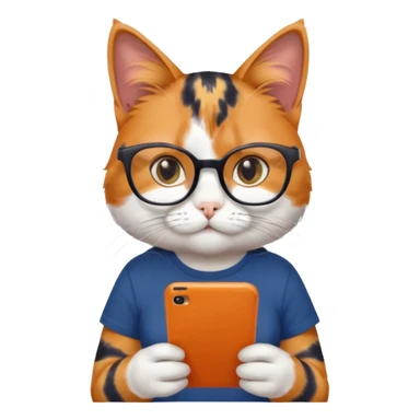 un gato de tres colores naranja, negro y blanco con gafas de leer con un celular en manos leyendo comentarios y que tenga una remera color azul oscuro que diga UOM sticker