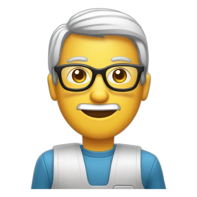 una persona con lentes sentado en una computadora dice con su mano buenos días sticker