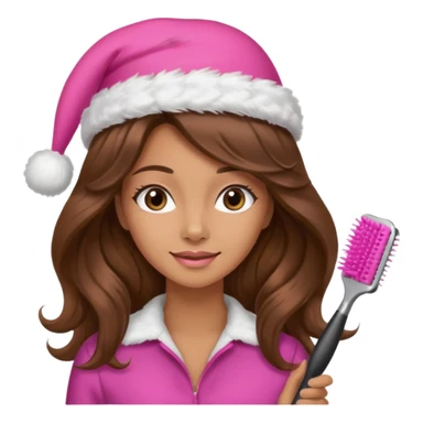 mujer peinandose en la peluqueria y con un gorro de navidad rosado, cabello largo café y ondulado sticker