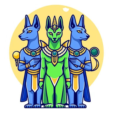 Egyptian gods Osiris with green skin and Atef crown, Khonsu with falcon head and moon symbol, and Anubis with jackal head standing together sticker