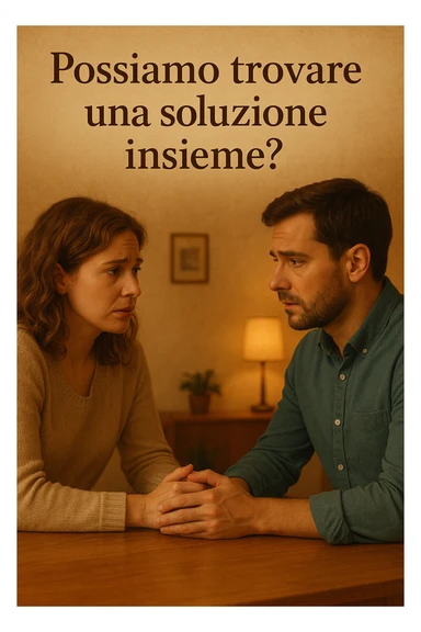 Vertical format: man and woman talking sitting at a table, worried but open expressions, text in Italian: 'Possiamo trovare una soluzione insieme?', intimate and hopeful atmosphere sticker