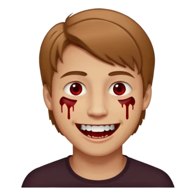 парень с русыми волосами средней длины; белая кожа; белые глаза; открытая улыбка, где на зубах кровь;  sticker