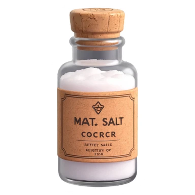 3D style salt bottle, vintage look, cork stopper, frosted glass, label on front sticker