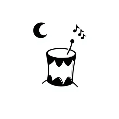 Hand-drawn drum with sound waves and a crescent moon, representing the sahur call during Ramadan sticker