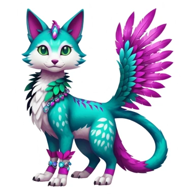 Kawaii cute colorful iridescent deep-dark-turquoise-green and magenta and white beautiful pretty elegant divine edgy feline-vernid-sergal-Fakémon-Pokémon-fursona-animal-creature with accessories, full body, with intricate detailed markings, feathers sticker