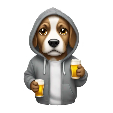 Dog standing wearing a grey hoodie with his hands in his pockets holding a beer sticker