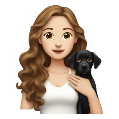 White girl with wavy brown hair holding a black Labrador sticker