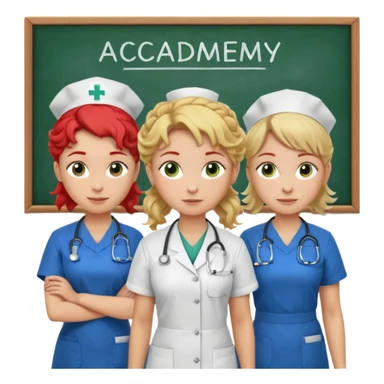 3 nurses: nurse 1 is wearing green work clothes, curly hair, middle european. nurse 2 is wearing blue work clothes, blond straight hair, scandinavic, nurse 3 is wearing white work clothes, red hair put into a bun, slavic. they all stand in a classroom, "Academy" written in white on board sticker
