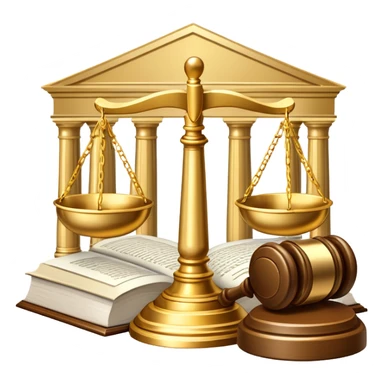 An icon featuring scales of justice, a gavel, and a legal book, symbolizing the study of law. The design includes courthouse pillars in the background, representing authority and legal systems. Transparent background highlights the principles of justice, order, and legal education. sticker