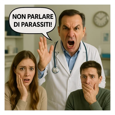 Add frightened patients in the scene and include the doctor's text 'NON PARLARE DI PARASSITI!' inside a speech bubble. Maintain the realistic style and medical setting as shown in the reference image. sticker