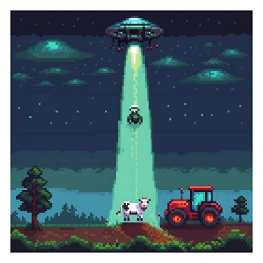 UFO abduction scene with a cow being lifted by a tractor beam at night sticker