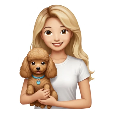an asian lady with long balayage hair with blonde highlights, long lashes, wearing white t-shirt, smiling happily, and holding a brown poodle sticker