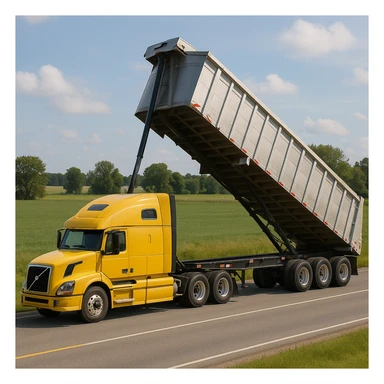 long silver end dump trailer hooked to a Volvo yellow semi sleeper truck, trailer in dump position, photorealistic daytime country scene with fields, trees, and a quiet road, truck driving left sticker