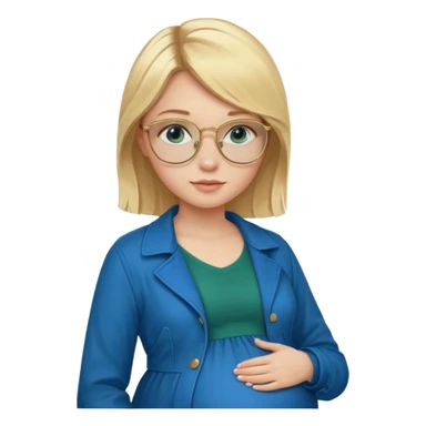 18 year-old pregnant blonde girl with golden glasses with blue eyes in a bright blue dress and a dark green jacket and brown boots sticker