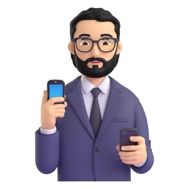 standing pose of professional man with medium black beard, black hair styled and combed to one side, connected unibrow, olive tan skin, brown eyes, glasses, prominent nose, dressed in formal black jacket, with mobile phone sticker