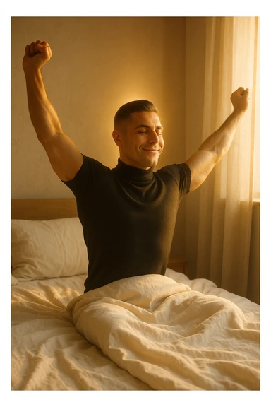 A cinematic photo of a man stretching in bed just after waking up, the morning sunlight flooding the room. His skin glows slightly, expression rested and serene. Muscles subtly defined, energy flowing through his posture. The air is filled with a golden calm. A symbolic glow surrounds his head and chest, representing mental clarity and physical recovery. The scene is clean, natural, minimalist. Rich in textures and realistic warmth. sticker