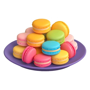 Create a 3D model of colorful macarons arranged on a plate, in the iOS 18 style with smooth, realistic textures and vibrant pastel colors, matching the reference image. sticker
