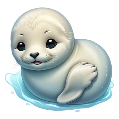 Beautiful and Majestic Baby Seal Portrait Emoji, Head and body resting serenely with a gentle, content smile, showcasing a soft, cuddly form with tender, glistening fur and eyes peacefully closed in a tranquil slumber, Simplified yet exquisitely endearing features, highly detailed, glowing with a soft, radiant polar light, high shine, serene and utterly lovable, stylized with an air of regal innocence, soft glowing outline, capturing the essence of a beautiful and majestic baby seal that embodies the quiet wonder of arctic serenity! sticker