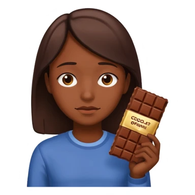 Apple style emoji of a person with chocolate, sad look, chocolate bar visible in hand, friendly design sticker