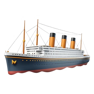 A 3D emoji of a Titanic ship in Apple style, glossy and smooth surface, bright clean colors with subtle shading, simple and minimal details, no face or expressions, floating on calm ocean, soft shadows, high-quality render, isolated on white background.


 sticker