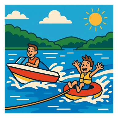 a boat pulling an inner tube on a lake, vibrant colors, clear action, fun summer scene sticker