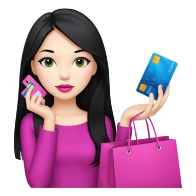 Girl with long black hair and pink lipstick holding shopping bags and credit card sticker