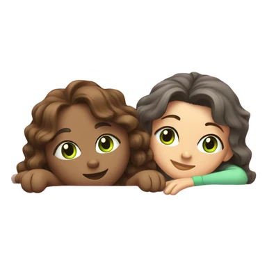 Grey cat with a brunette girl with wavy hair and green eyes in light pink shirt relaxing on a bed sticker
