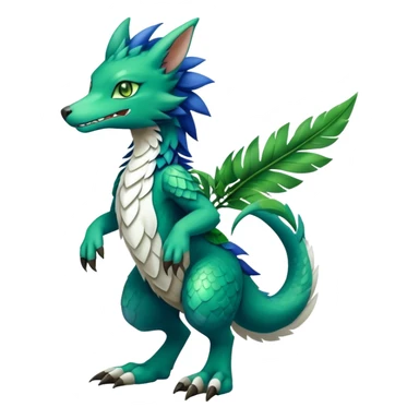 Cute cool fantasy animal hybrid Sergal-Digimon-Fakemon full body, green scales, green leaves, brown eyes, blue feathers sticker