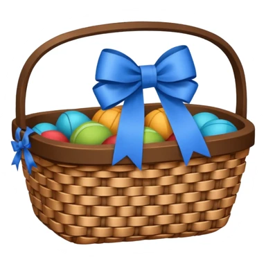 A basket with a blue ribbon on the handle sticker