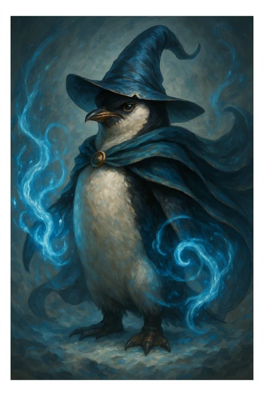 A heroic penguin wizard with a flowing cape, icy blue magic swirling around its flippers. sticker