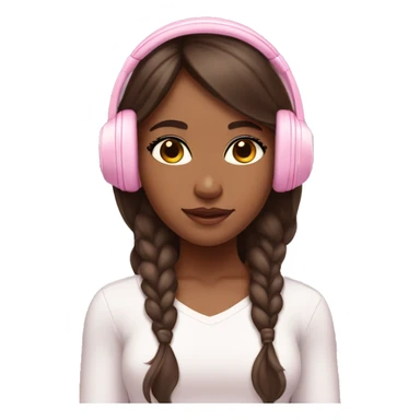 Brown skin girl wearing baby pink headphone with long brown hair and Latina makeup sticker