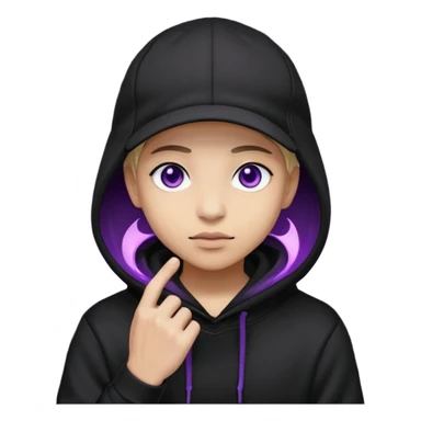 Carton character related to a shadow, with all black clothes, focusing a hoodie with his cap on, no visible face because of the darkness, just his purple shadow eyes making a light bloom sticker