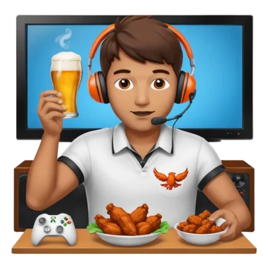 Football and tv and buffalo wings and beer and Xbox and a man with headset sticker