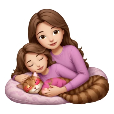 girl with wavy long brown hair, brown eyes, light to medium complexion, long lashes, light pink lipstick, smiling, wearing light pink shirt, sleeping on a cozy pillow, cuddling a brown tabby cat  sticker