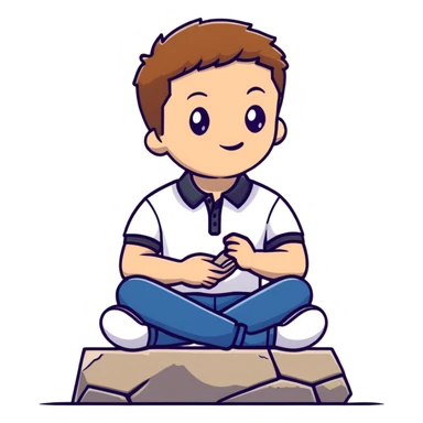 Young man with light skin and short brown hair sitting on stone steps, wearing white polo shirt with blue details and jeans sticker