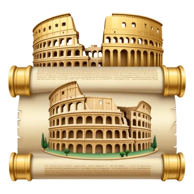 An icon featuring an ancient scroll, surrounded by famous historical landmarks and statues of notable figures, like the Colosseum or Napoleon. The design symbolizes the exploration of history through monuments and people. Transparent background highlights the pas sticker