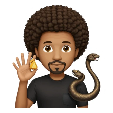 Homme noir, yeux marron avec un bouc sans la moustache, cheveux court et bouclé crépus avec un dégradé sur le côté, avec un cobra à côté , t-shirt noir  sticker