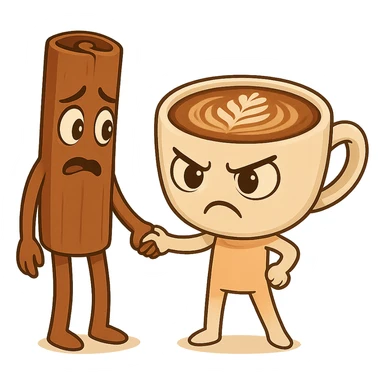 Keep the same quality and chibi stickers style. Edit the characters to have different expressions: make the coffee cup character angry and the cinnamon stick character scared. sticker