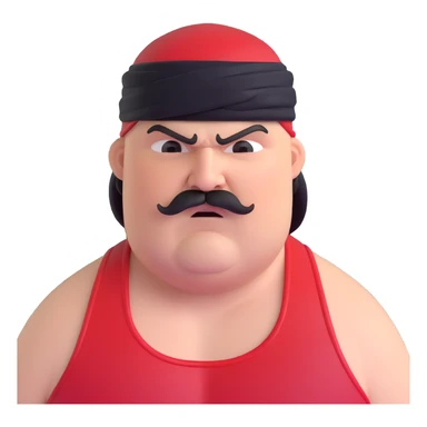 Close-up of extremely fat white skin guy with young face, prominent BLACK DURAG tied clearly on head, distinct black beard and mustache, no muscle, black eyes in a red and black wrestling singlet with angry face sticker