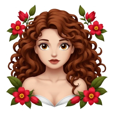 portrait woman long curly brown hair brown eyes white skin tattoos muscular build inside flower petals frame sticker